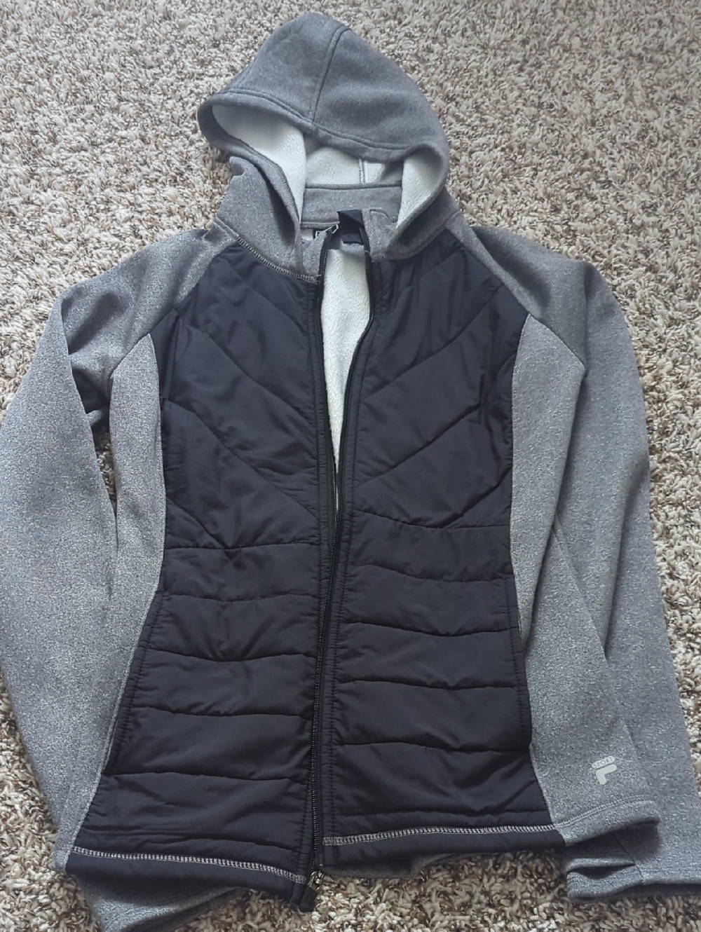 Fila Women's Hooded Quilted Puffer Jacket in Black and Gray